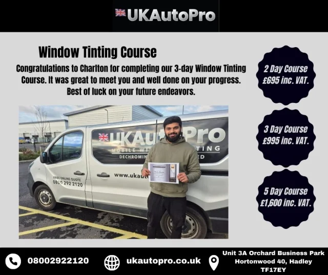 Window Tinting  Course

🔗: https://localtint.co.uk/window-tinting-training-courses/
🔗: https://www.ukautopro.co.uk/window-tinting-training-shropshire-west-midlands/
☎️: 0800 292 2120 (UK Auto Pro Mobile Tinting Company)
☎️: 0800 058 4525 (Local Tint, Telford)

Are you looking for a new career?
Want to learn a new & profitable skill?
Want to know more about career opportunities with UK Auto Pro Mobile Window Tinting?

Our head technician will walk you through the entire installation process from start to finish. You will then have the opportunity to install the window film on our training vehicle under supervision ensuring your technique is safe & correct. There is no substitute to being trained by an expert with more than 10 years experience! We will only take 2 students at a time to ensure you get all the help & assistance you will need during the course. All opportunities with UK Auto Pro can be discussed with our team too.

You will go away with our unique UK Auto Pro Certificate of Competence.

To learn more about the premium films we use, please visit our website.

#windowtinting #windowtints #windowtintingnearme #windowtints #cartints #removeandreplace #stripandtint #windowfilms #premiumtint #premiumqdpfilm #carwindowtinting #LocalTintUK #tintedwindows #privacyfilm